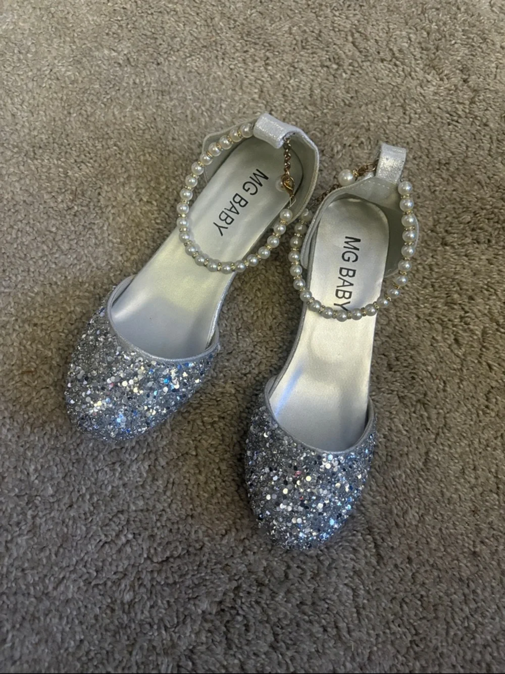 MG Baby Silver Glitter Pearl Strap Flats size 3